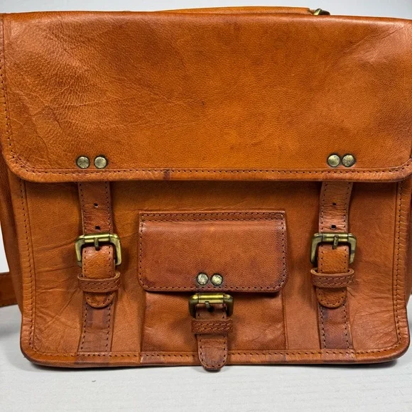 Vintage Distressed Cognac Leather Satchel Messenger Work Bag Laptop Brown - Picture 2 of 10